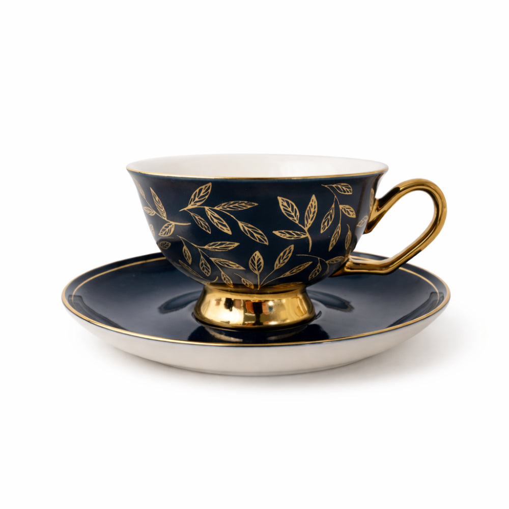 K&Co. Plumberry Series Porcelain Tea Cup & Saucer - ETCHED LEAVES